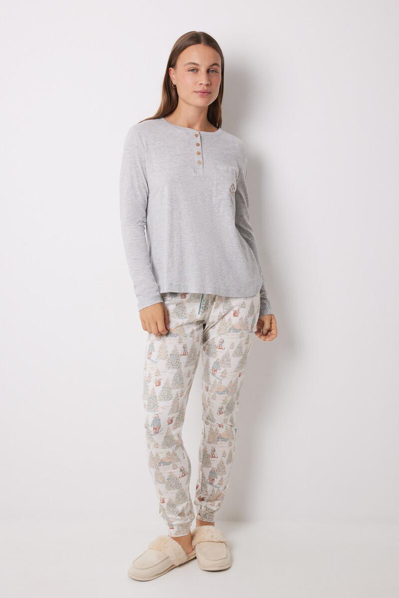 Women'secret Pijama Largo 100% Algodón Motivos Navideños Gris