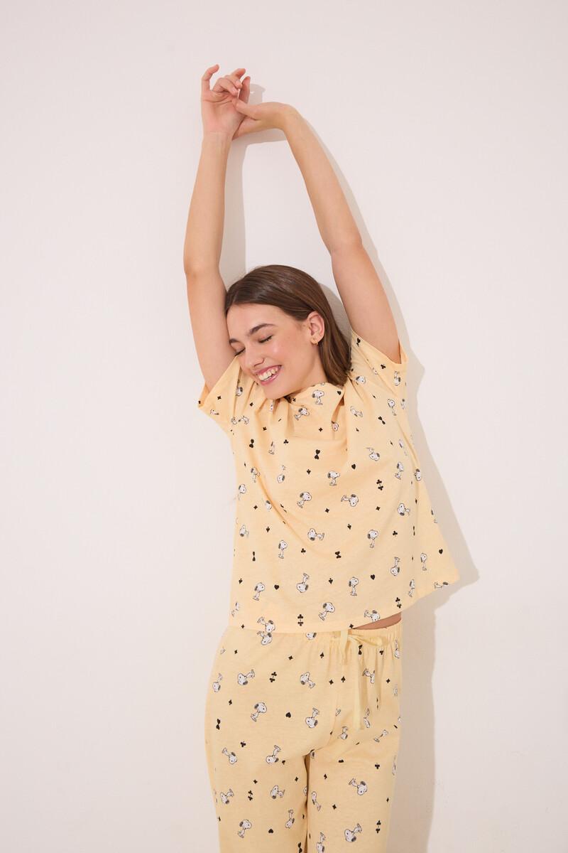 women'secret Pijama largo manga corta algodón Snoopy amarillo