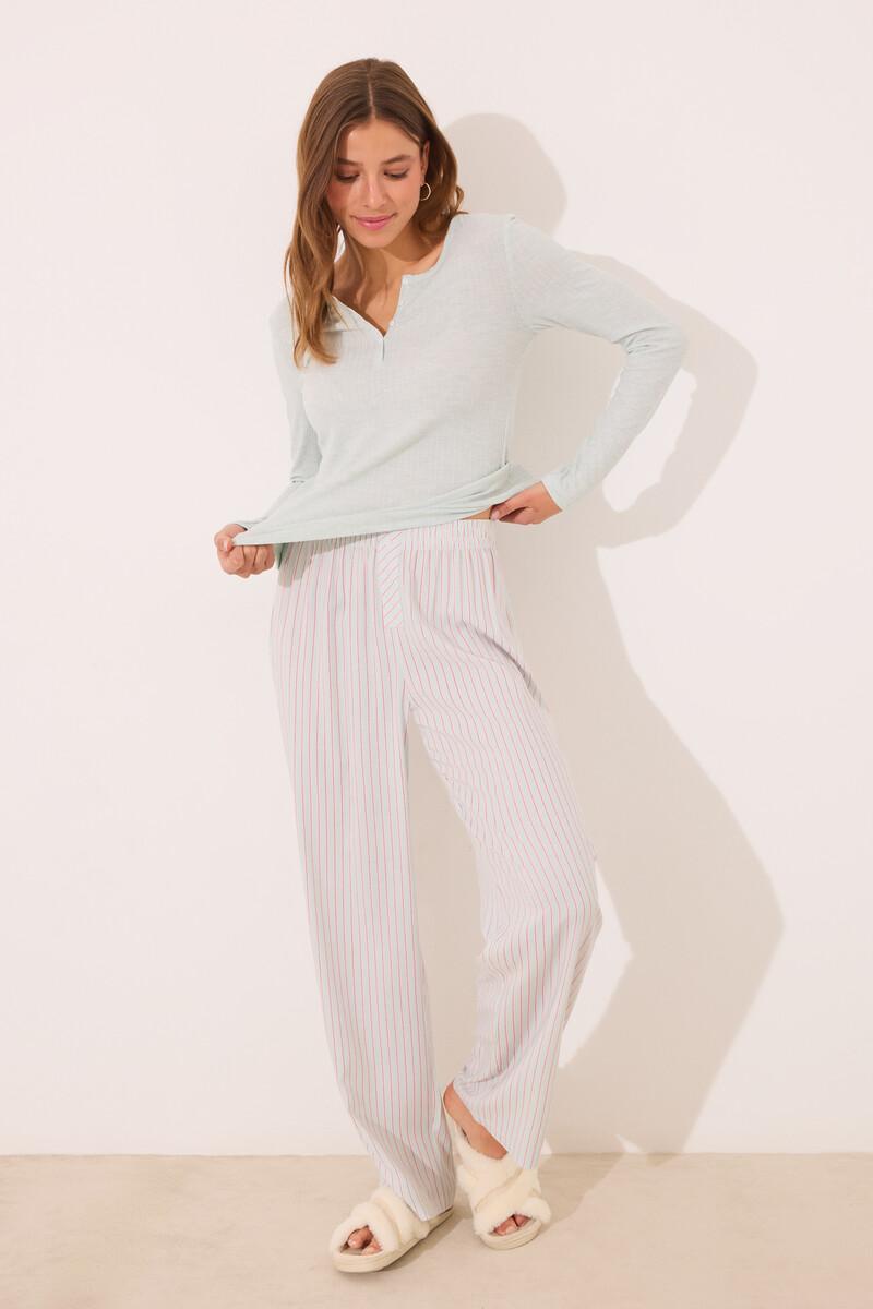 women'secret Pijama largo viscosa canalé verde rayas