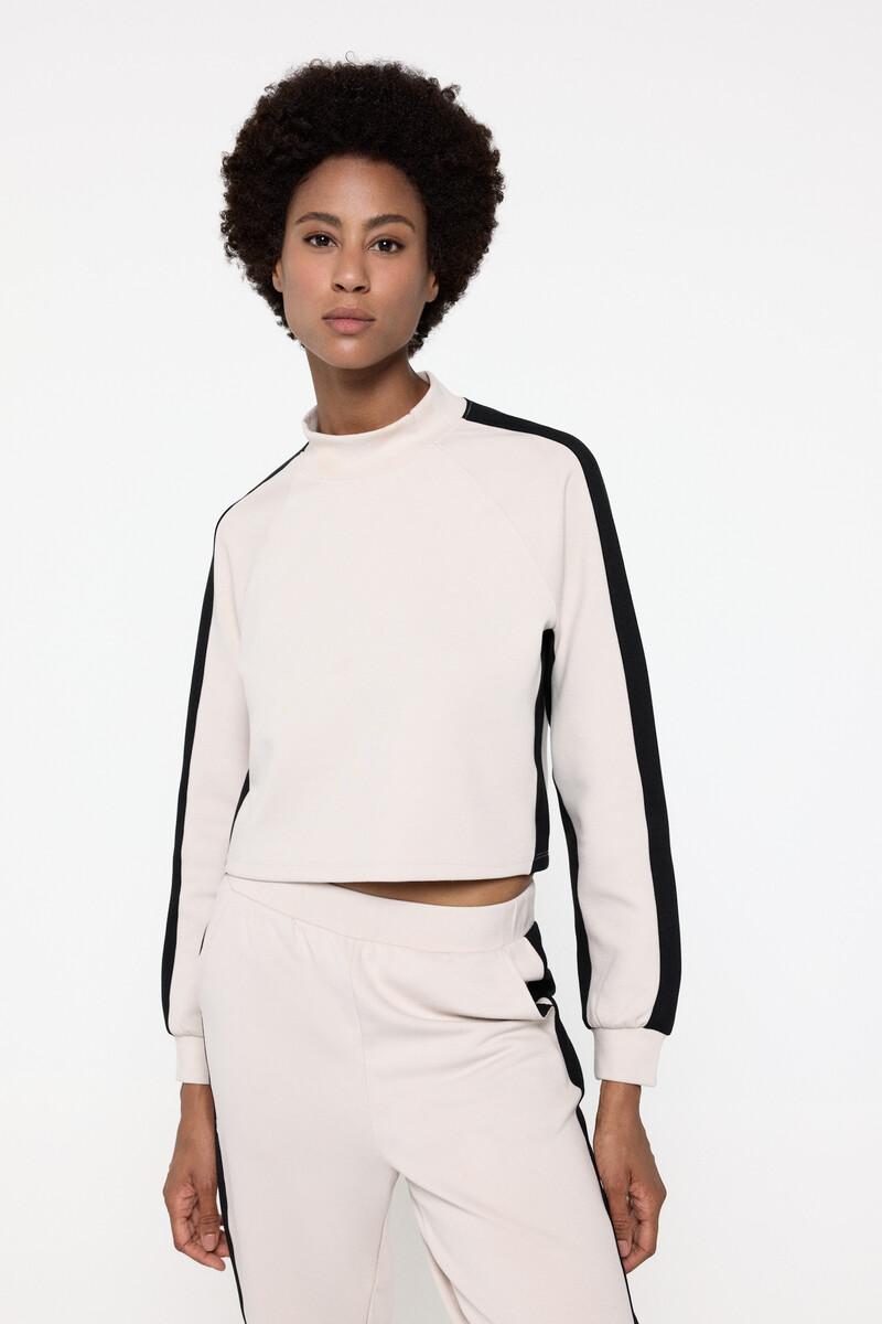 Women'secret Sudadera Beige Corta Y De Cuello Alto Con Diseño Tiras Laterales Negras