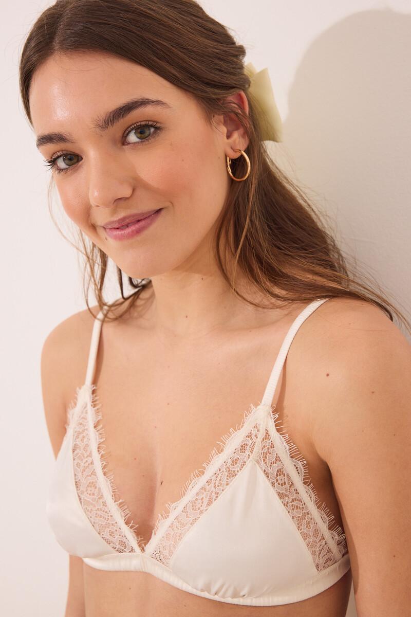 women'secret Sujetador NATURAL triangular satén y encaje blanco