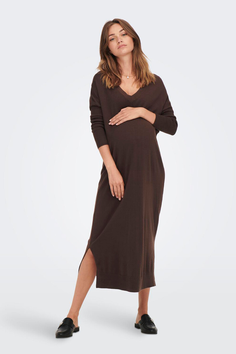women'secret Vestido largo de punto premamá con cuello V color marrón chocolate