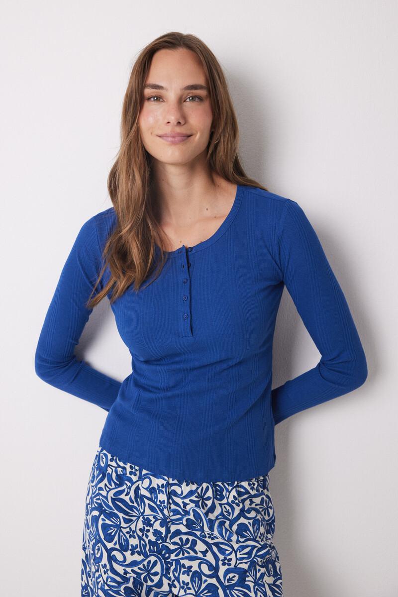 women'secret Camiseta manga larga canalé azul