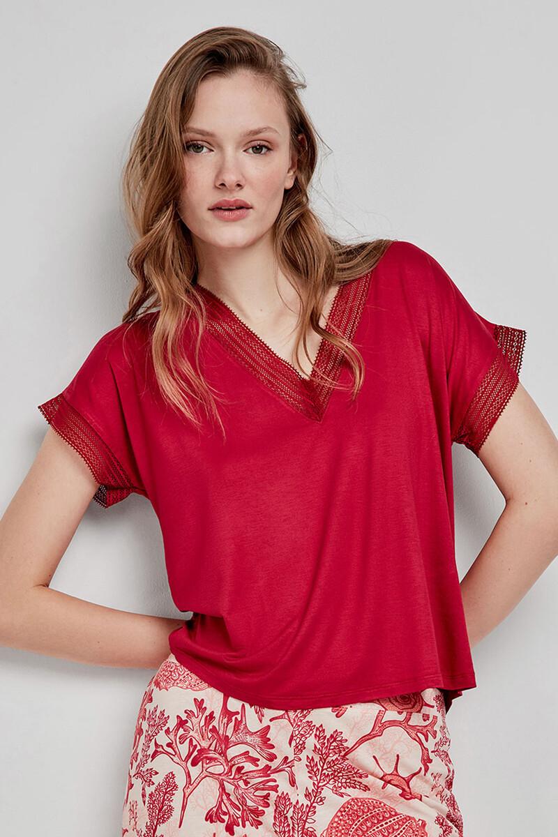 women'secret Camiseta pijama satinada granate