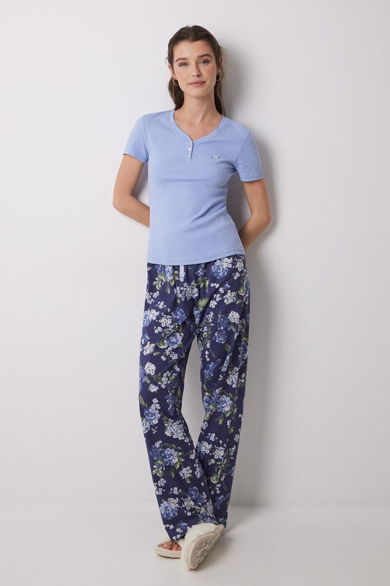 women'secret Pijama 100% algodón canalé azul flores