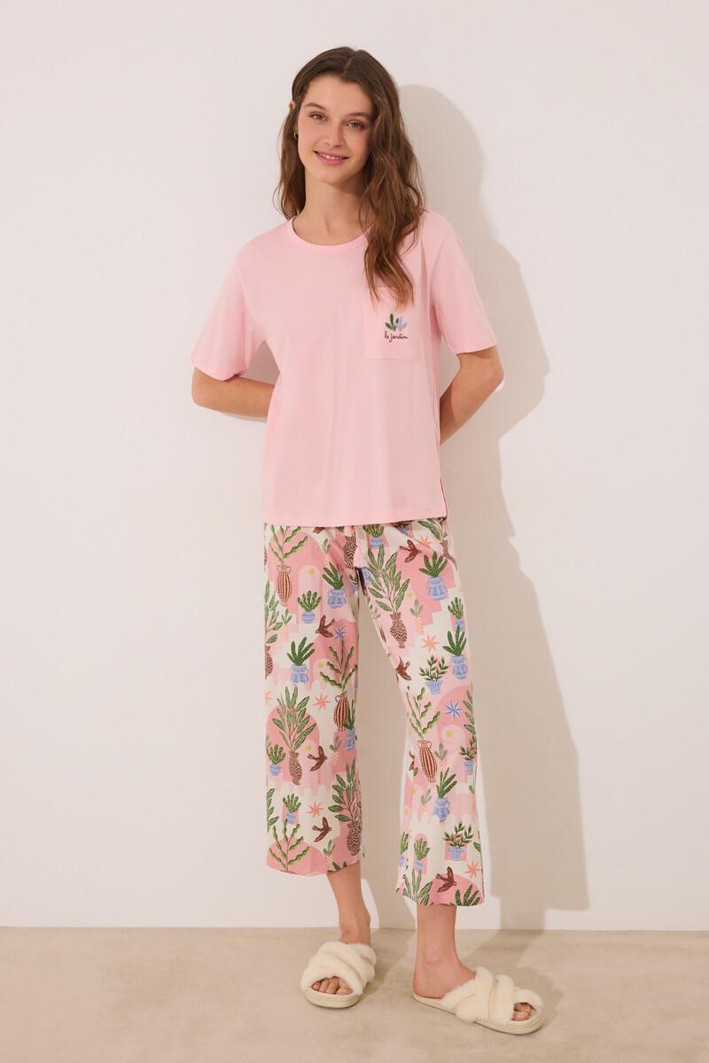 women'secret Pijama Capri 100% algodón rosa macetas