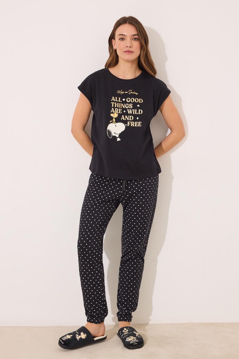 Women'secret Pijama Largo Algodón Snoopy Negro