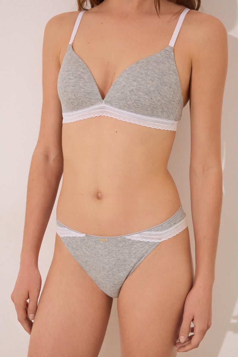 Women'secret Tanga Tira Algodón Canalé Encaje Gris