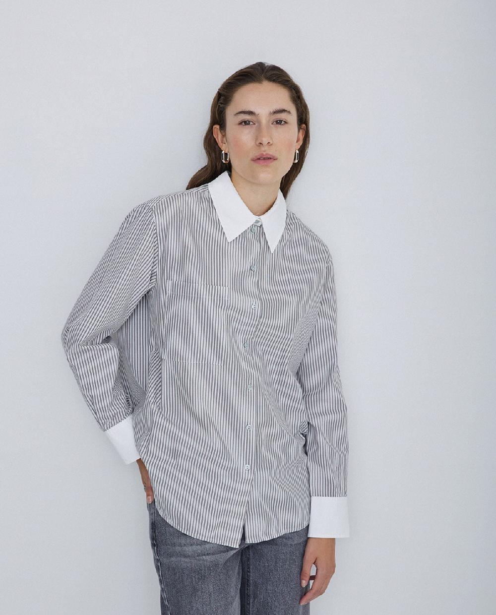 Yerse Camisa 100% Algodón Rayas Gris Claro