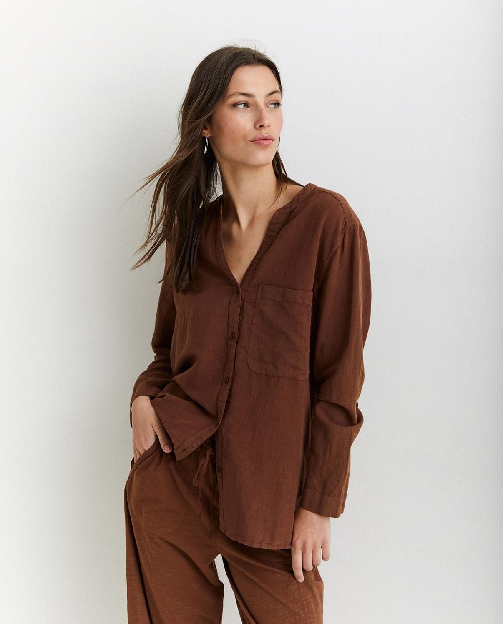 Yerse Camisa Algodón Lino Marrón
