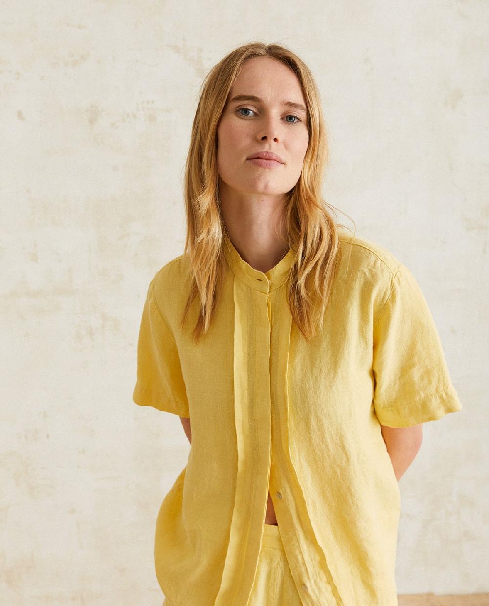 Yerse Camisa Lino Cuello Mao Amarillo