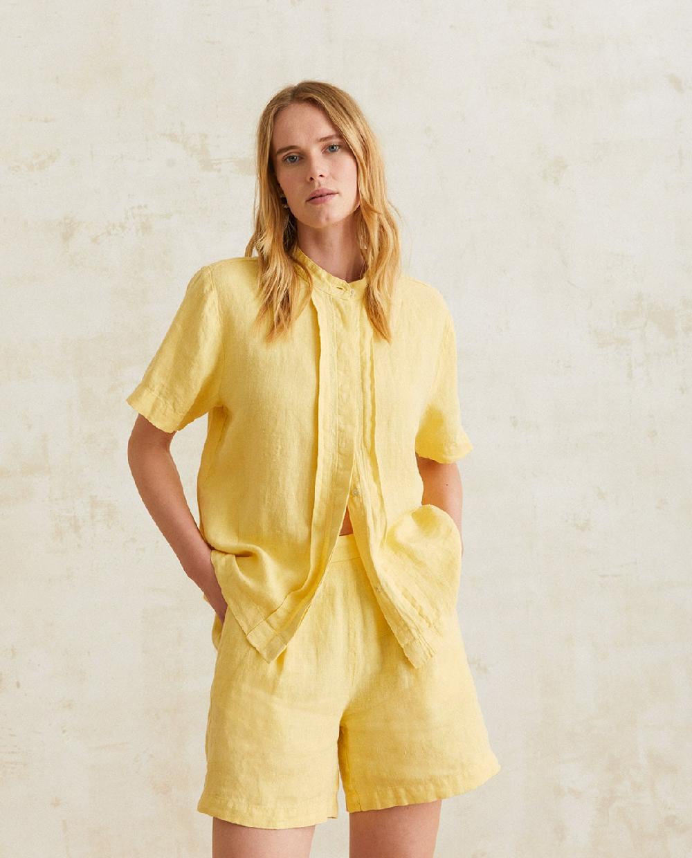 yerse Camisa lino cuello mao amarillo