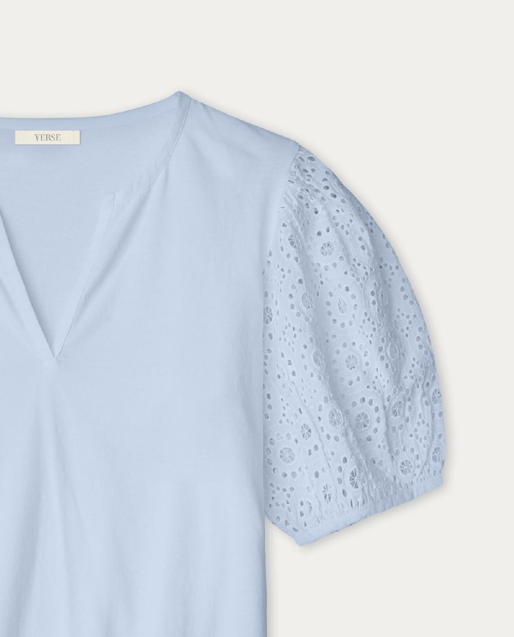 Yerse Camiseta Algodón Mangas Bordadas Azul