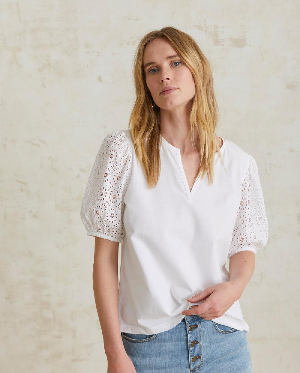 Yerse Camiseta Algodón Mangas Bordadas Blanco