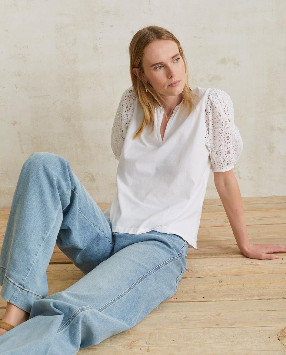 yerse Camiseta algodón mangas bordadas blanco