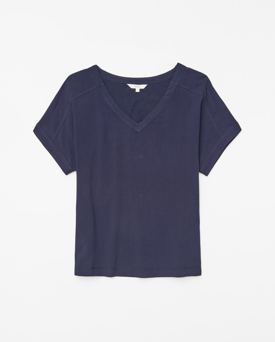 Yerse Camiseta Bimateria Escote Pico Azul Oscuro