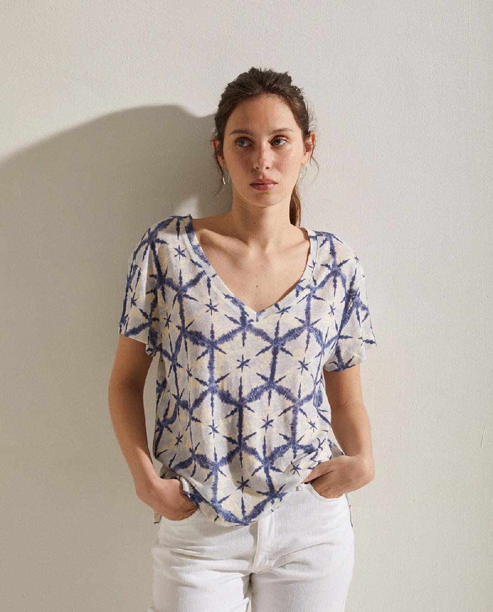 Yerse Camiseta Lino Estampada Azul