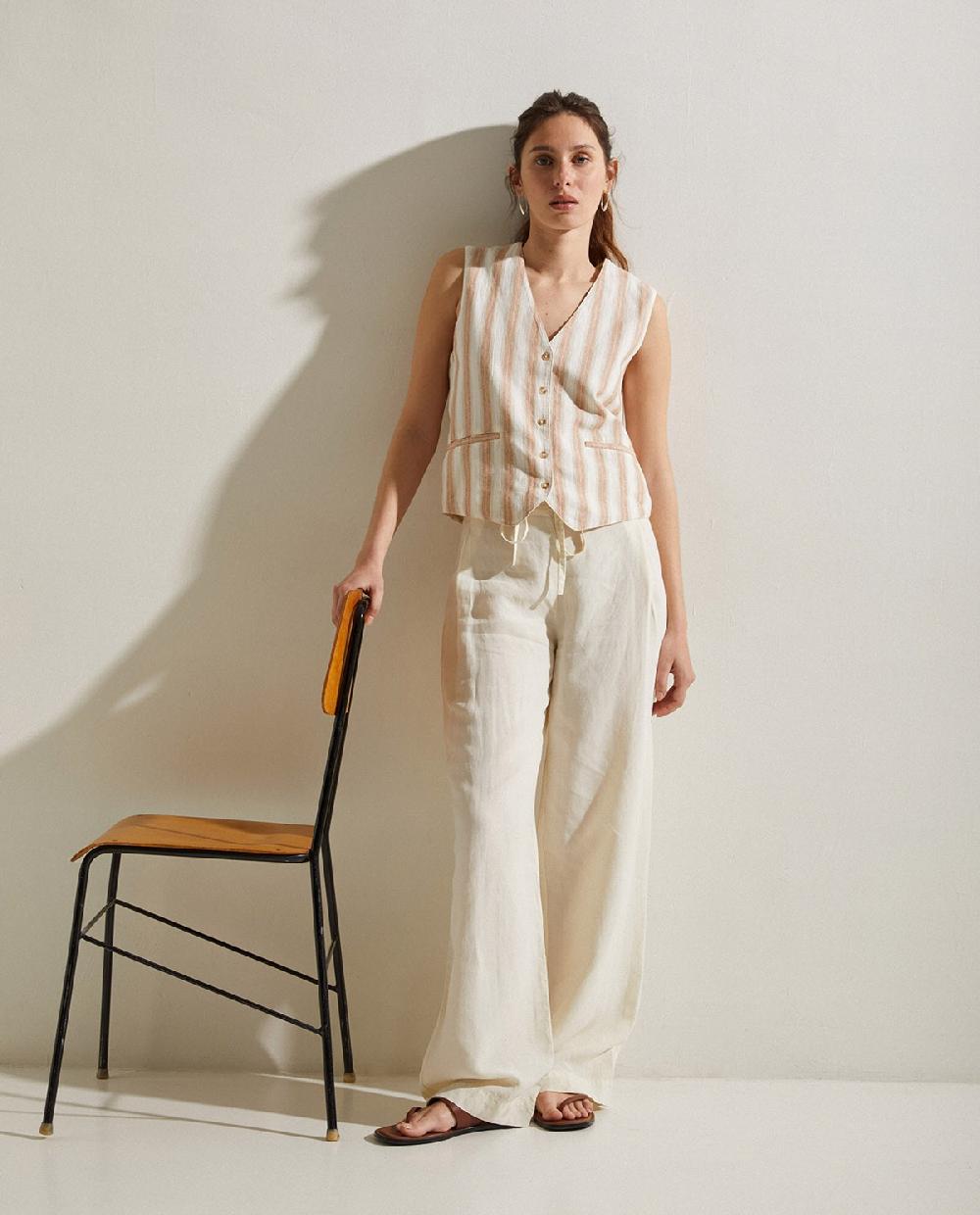 Yerse Chaleco Lino Rayas Crudo