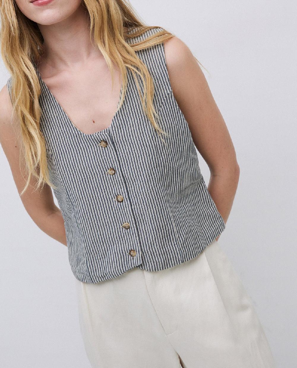 Yerse Chaleco Rayas Mezcla Lino Azul Grisáceo