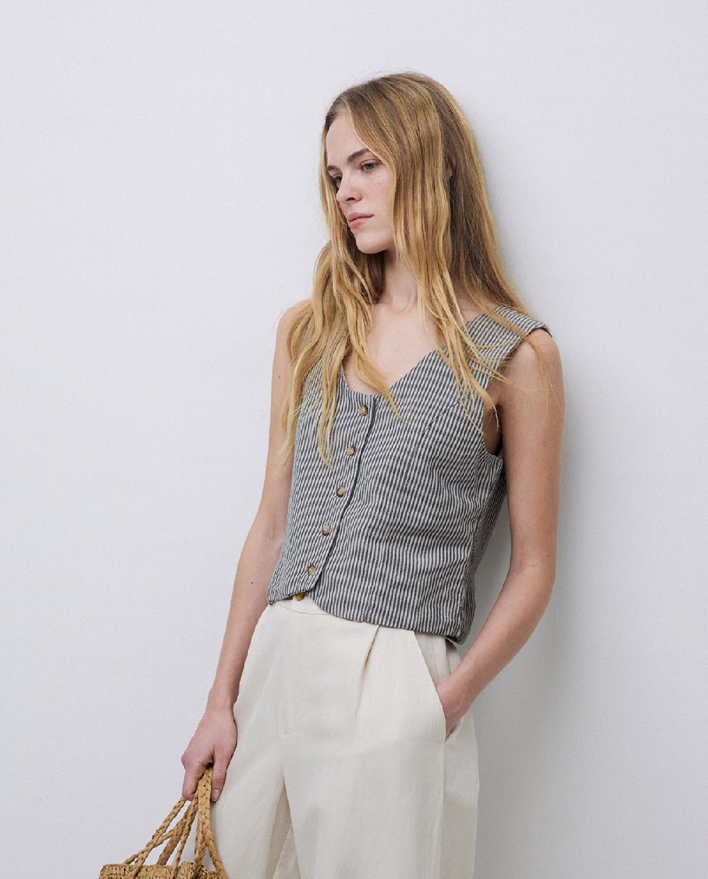 Yerse Chaleco Rayas Mezcla Lino Azul Grisáceo