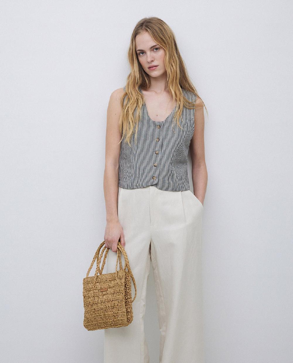 Yerse Chaleco Rayas Mezcla Lino Azul Grisáceo