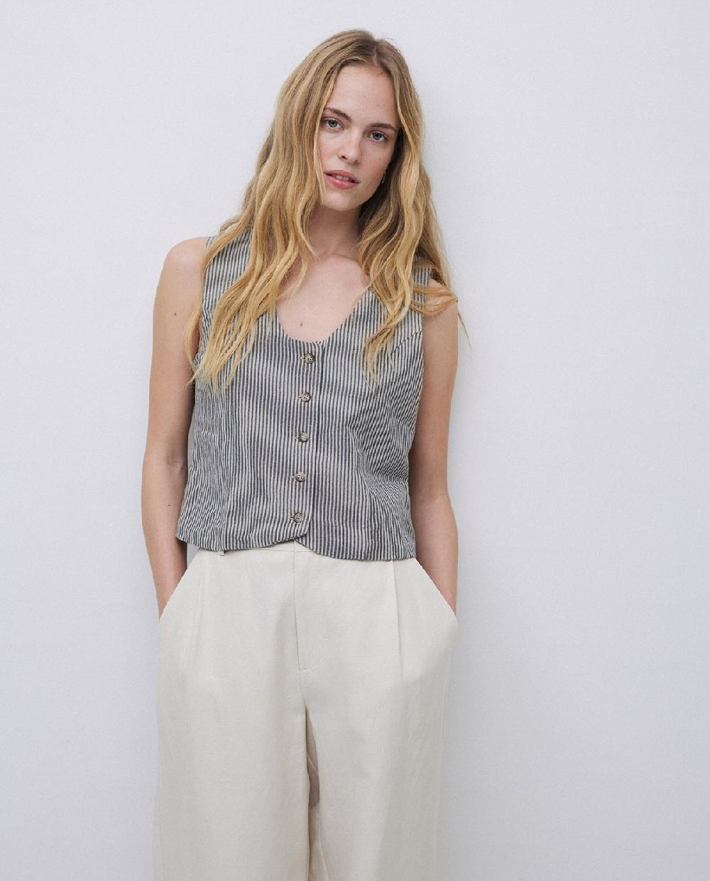 yerse Chaleco rayas mezcla lino azul grisáceo