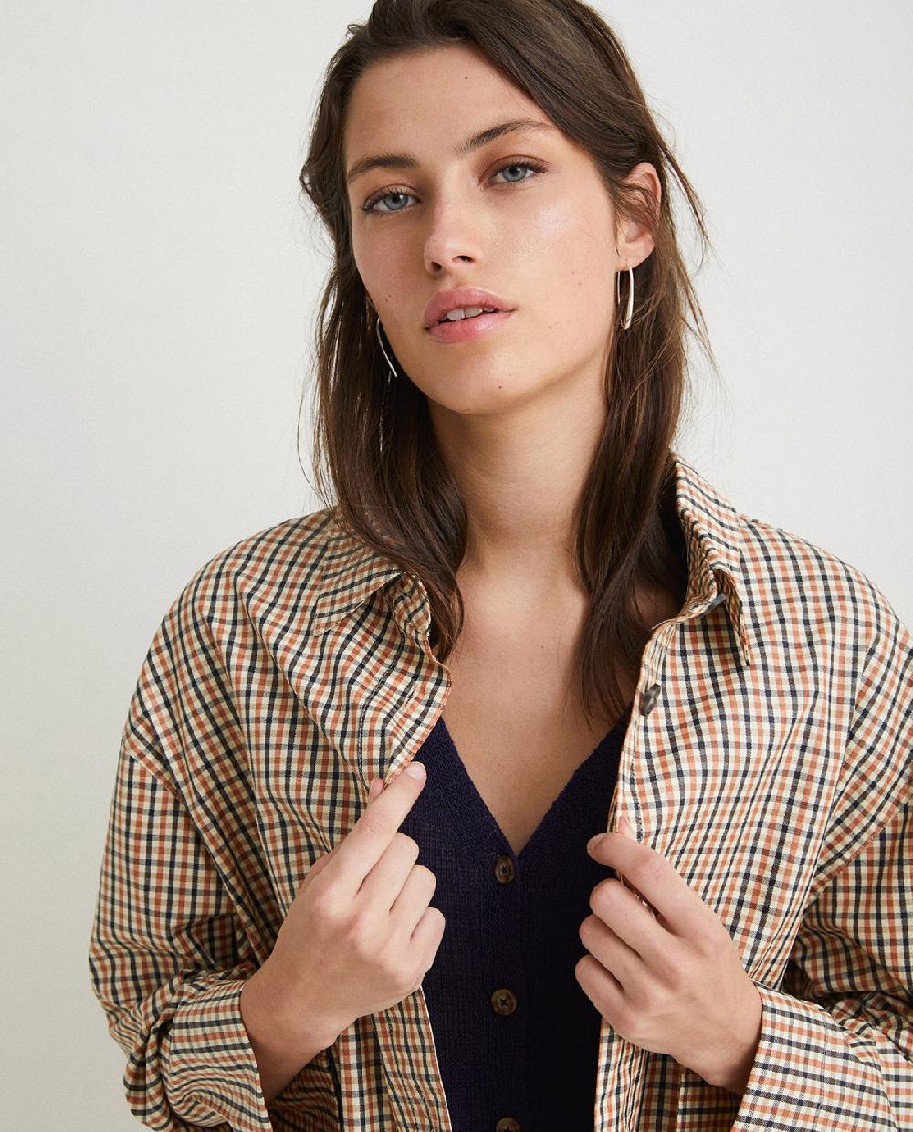 Yerse Gabardina Algodón Cuadros Naranja