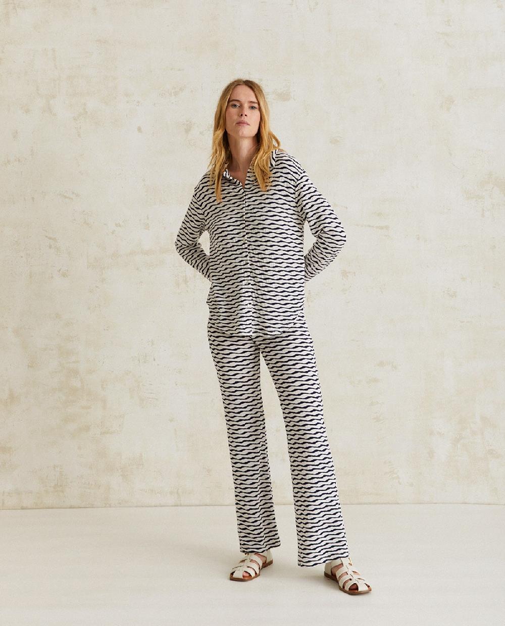 Yerse Pantalón Punto Jacquard Crudo Y Azul Oscuro