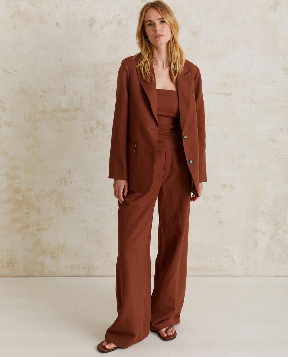 Yerse Pantalón Traje Lino Chocolate