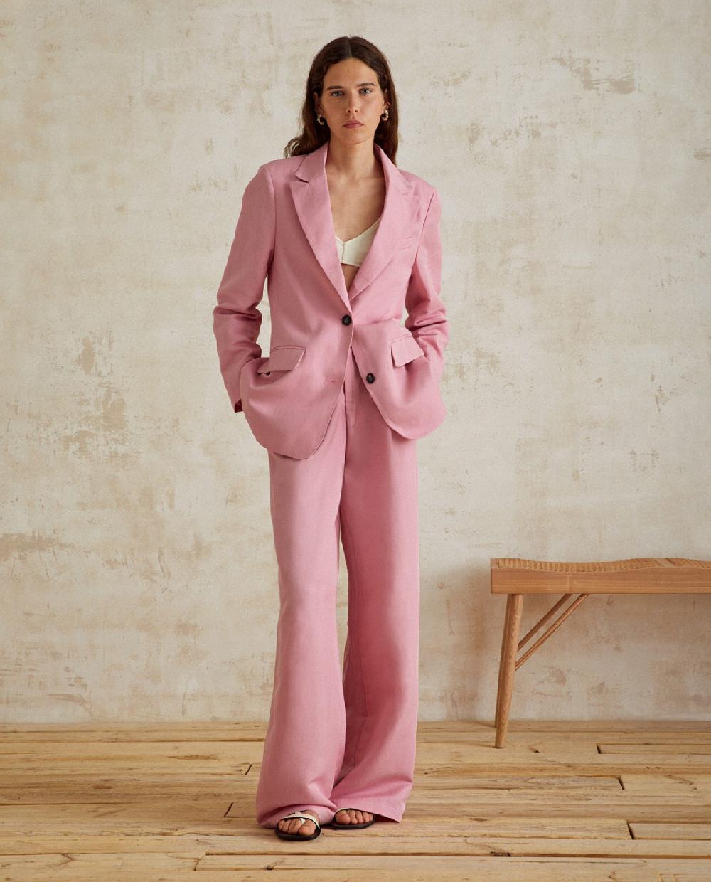 yerse Pantalón traje lino rosa