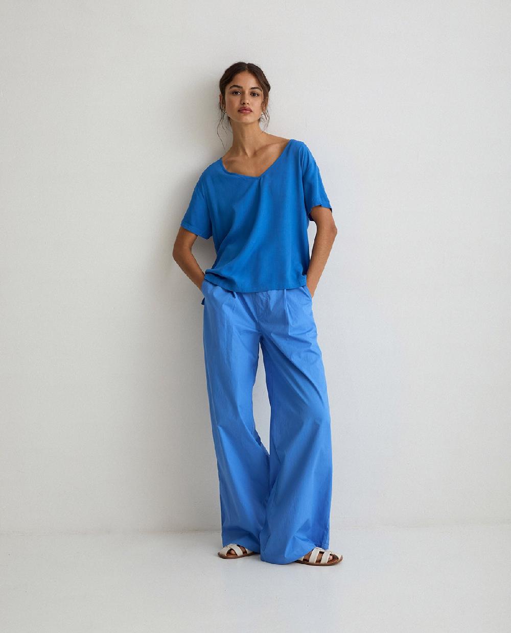 Yerse Pantalones Algodón Wide Leg Azul