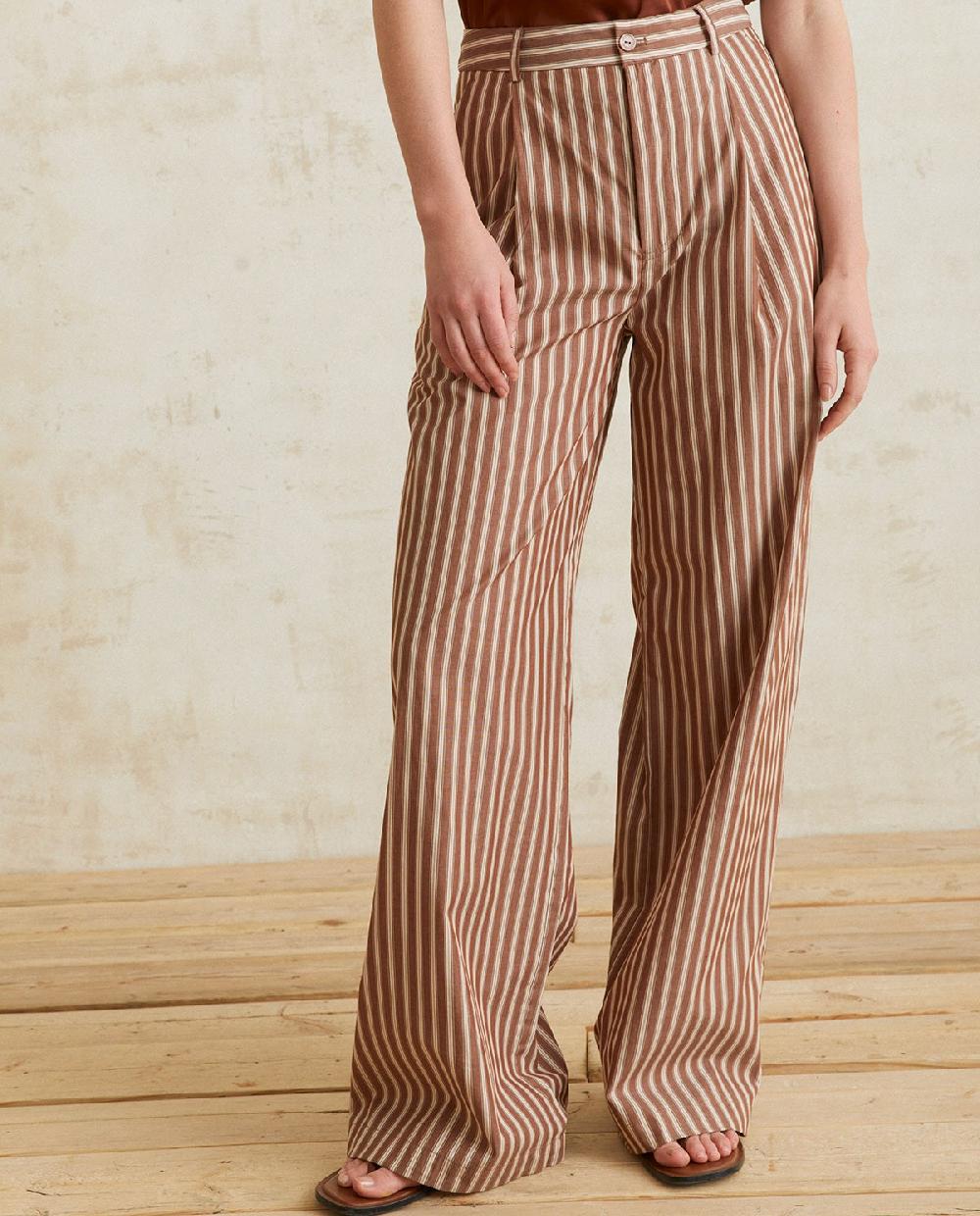 Yerse Pantalones Algodón Wide Leg Rayas Chocolate