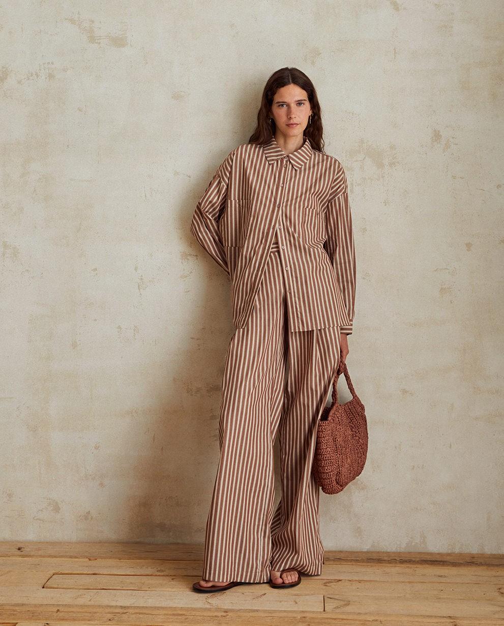 yerse Pantalones algodón wide leg rayas chocolate
