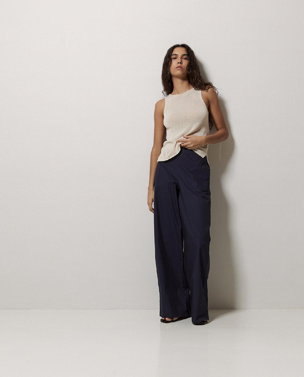 Yerse Pantalones Popelín Wide Leg Azul Oscuro