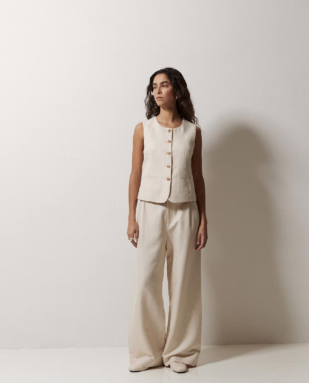 Yerse Pantalones Wide Leg Pinzas Crudo