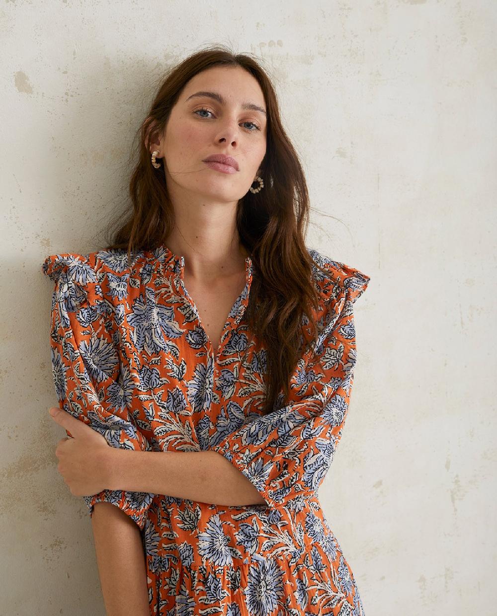 Yerse Vestido Algodón Estampado Naranja