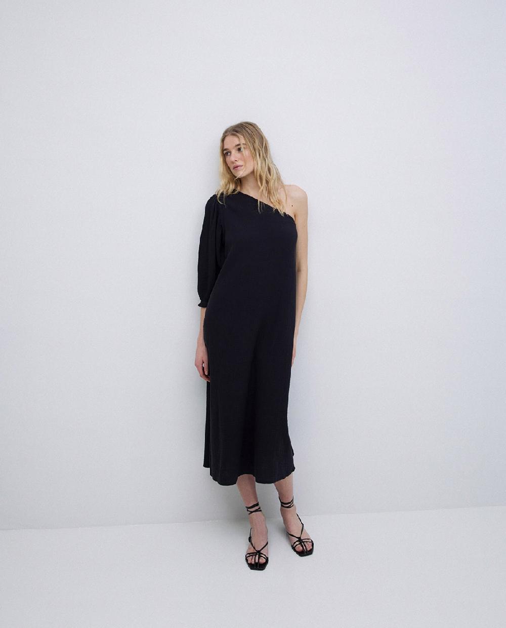 yerse Vestido asimétrico doble gasa negro