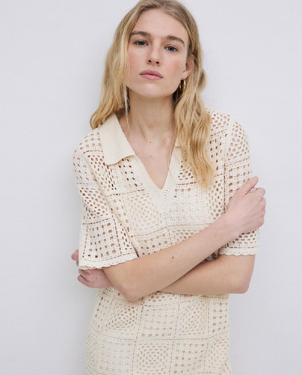 Yerse Vestido Crochet Cuello Polo Crudo