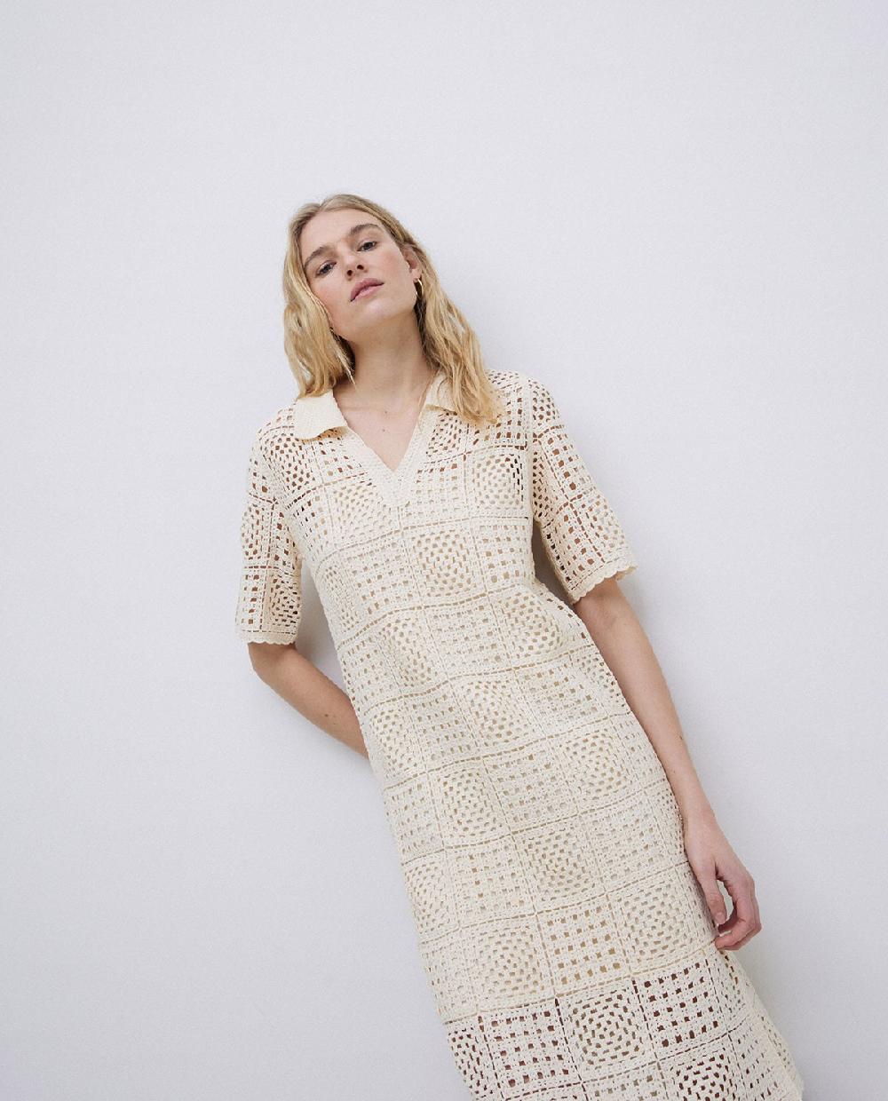 Yerse Vestido Crochet Cuello Polo Crudo