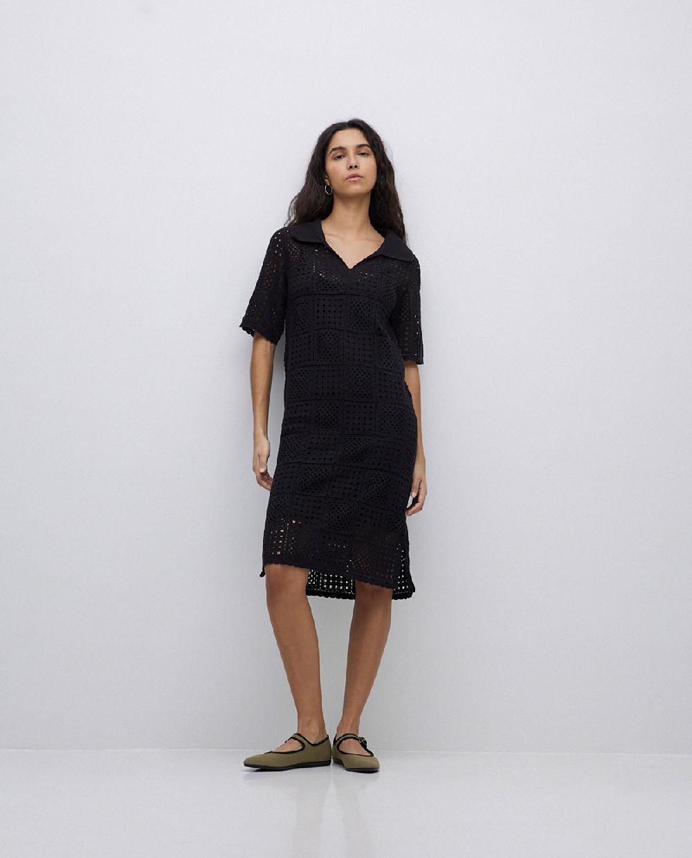 Yerse Vestido Crochet Cuello Polo Negro