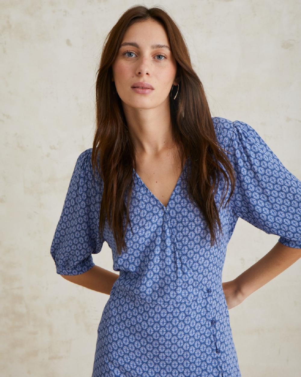 yerse Vestido fluido mangas abullonadas azul