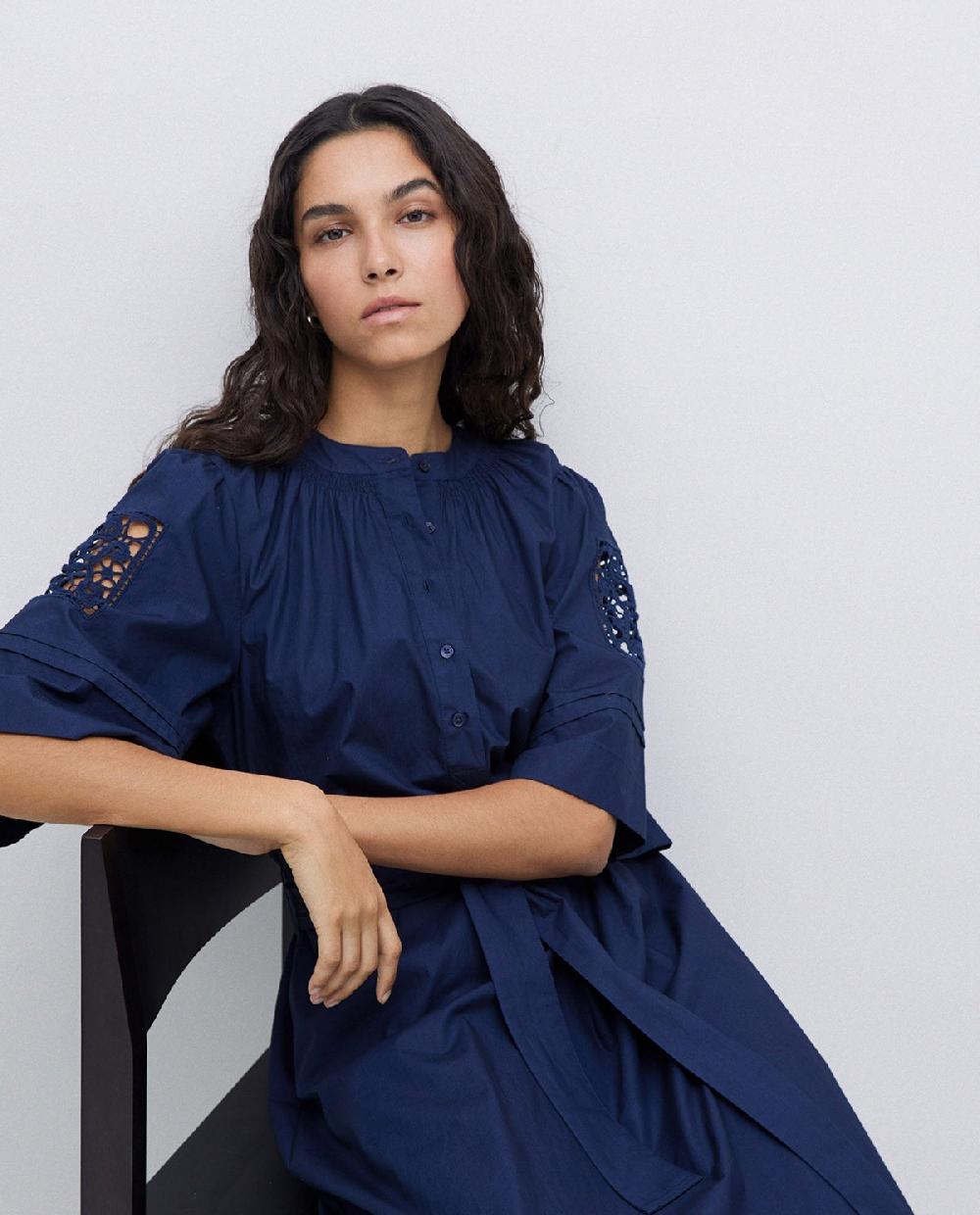 Yerse Vestido Popelín Puntillas Azul Oscuro