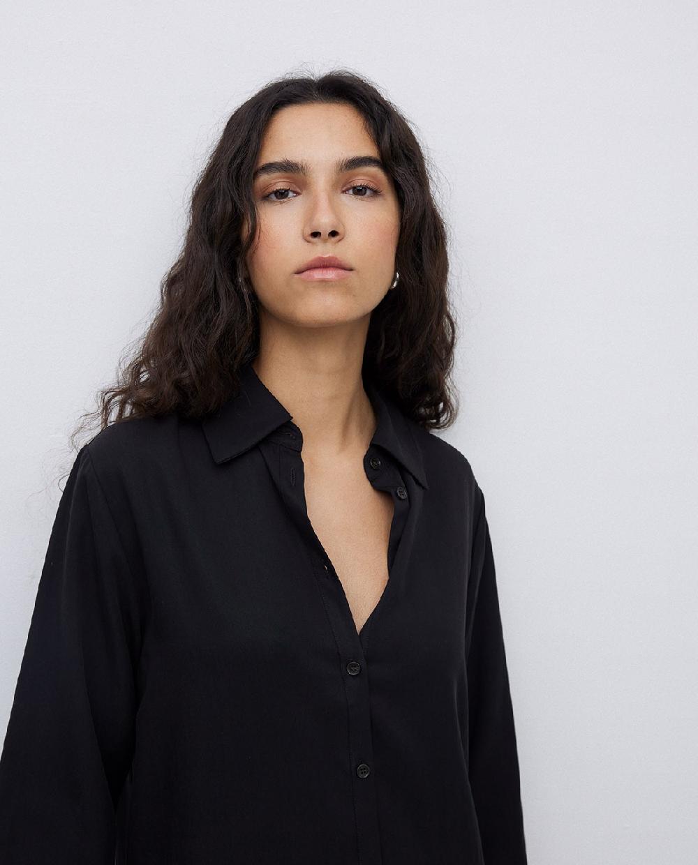 Yerse Vestido Tencel Cuello Camisero Negro