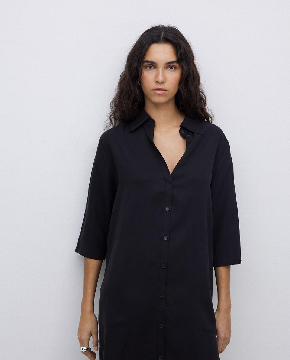 Yerse Vestido Tencel Cuello Camisero Negro