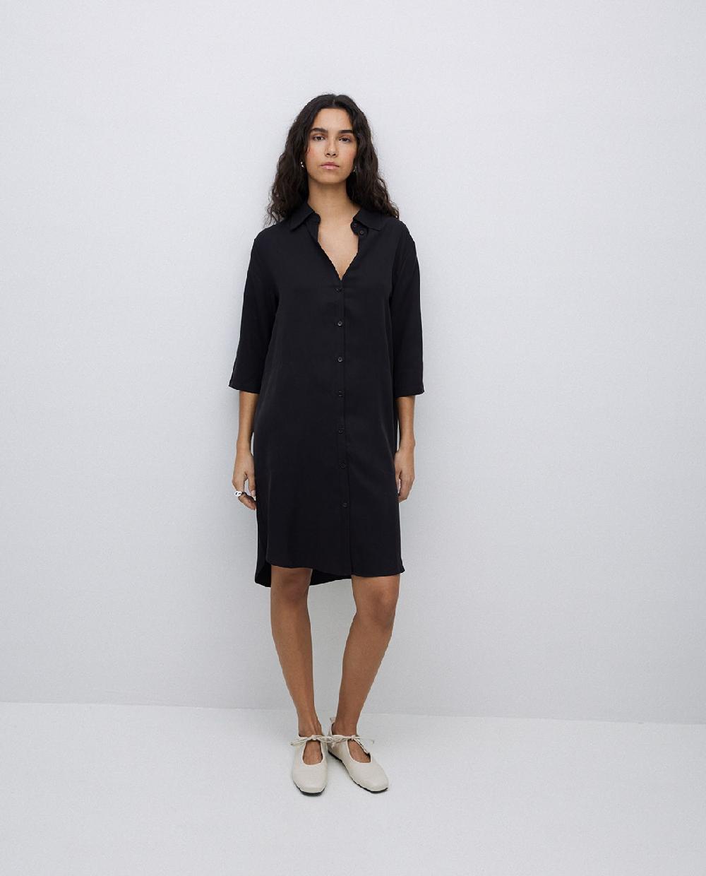 Yerse Vestido Tencel Cuello Camisero Negro