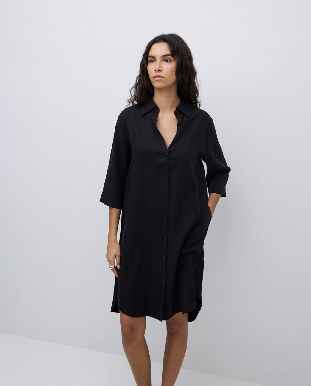 yerse Vestido tencel cuello camisero negro