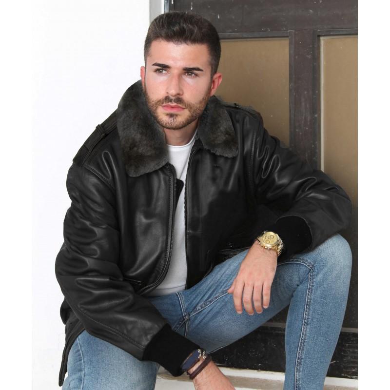 Zerimar Shoes Cazadora De Piel Aviador Con Cuello Desmontable