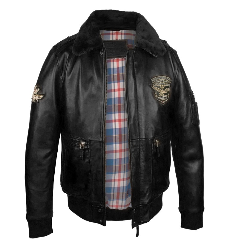 Zerimar Shoes Cazadora De Piel Con Parches Estilo Aviador Con Cuello Desmontable