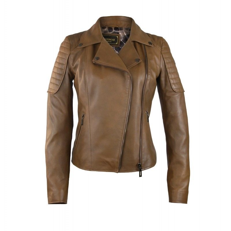 zerimar shoes Chaqueta de cuero estilo biker con hombros acolchados para mujer