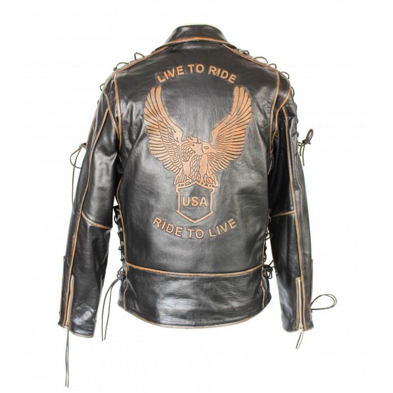 Zerimar Shoes Chaqueta De Cuero Motera Con Aguila Y Cuerdas